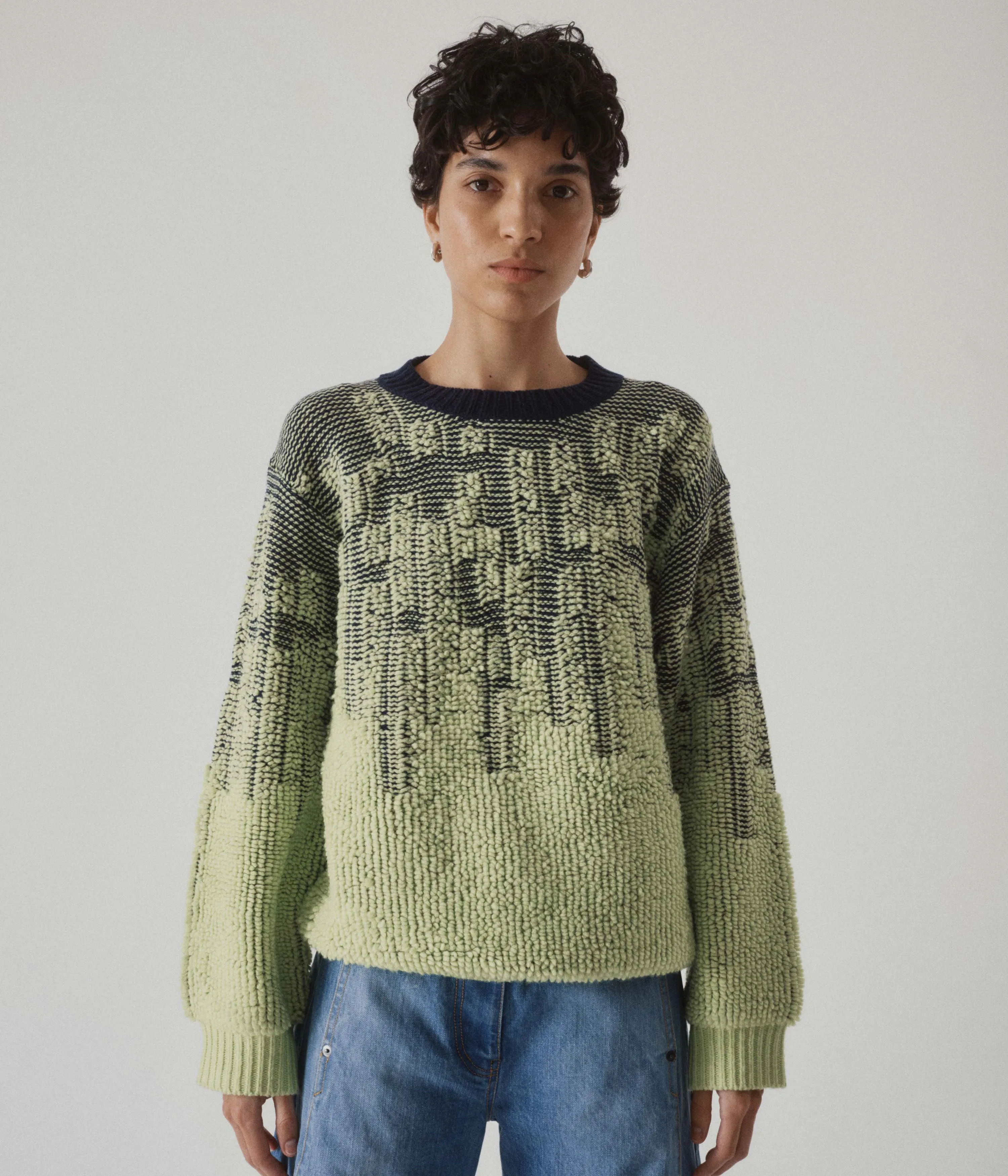 Pile Jacquard Sweater in Wasabi x Navy