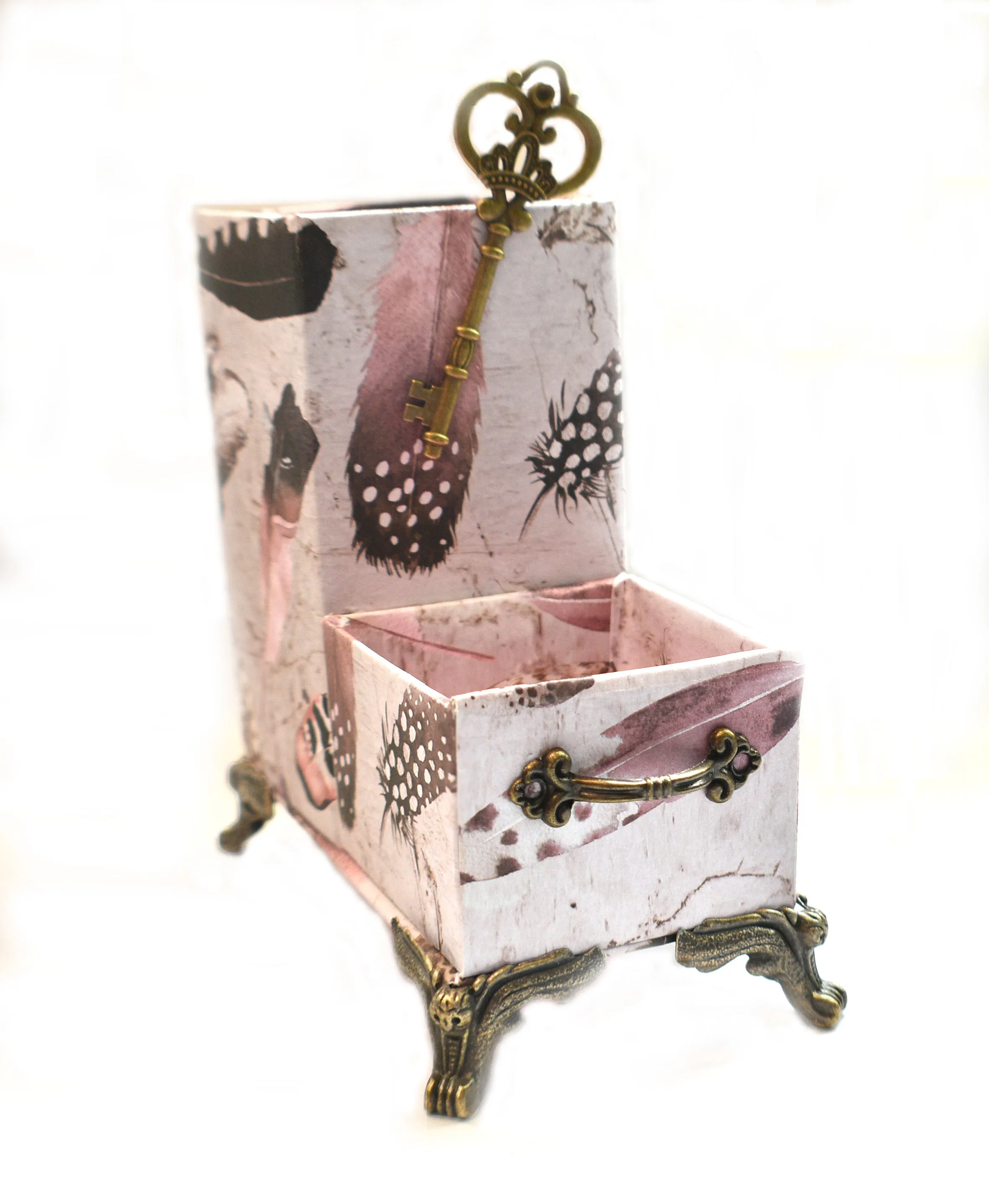 Pink & Brown Dots & Feathers Desktop Organizer for Pens and Clips w/Antique Key Accent