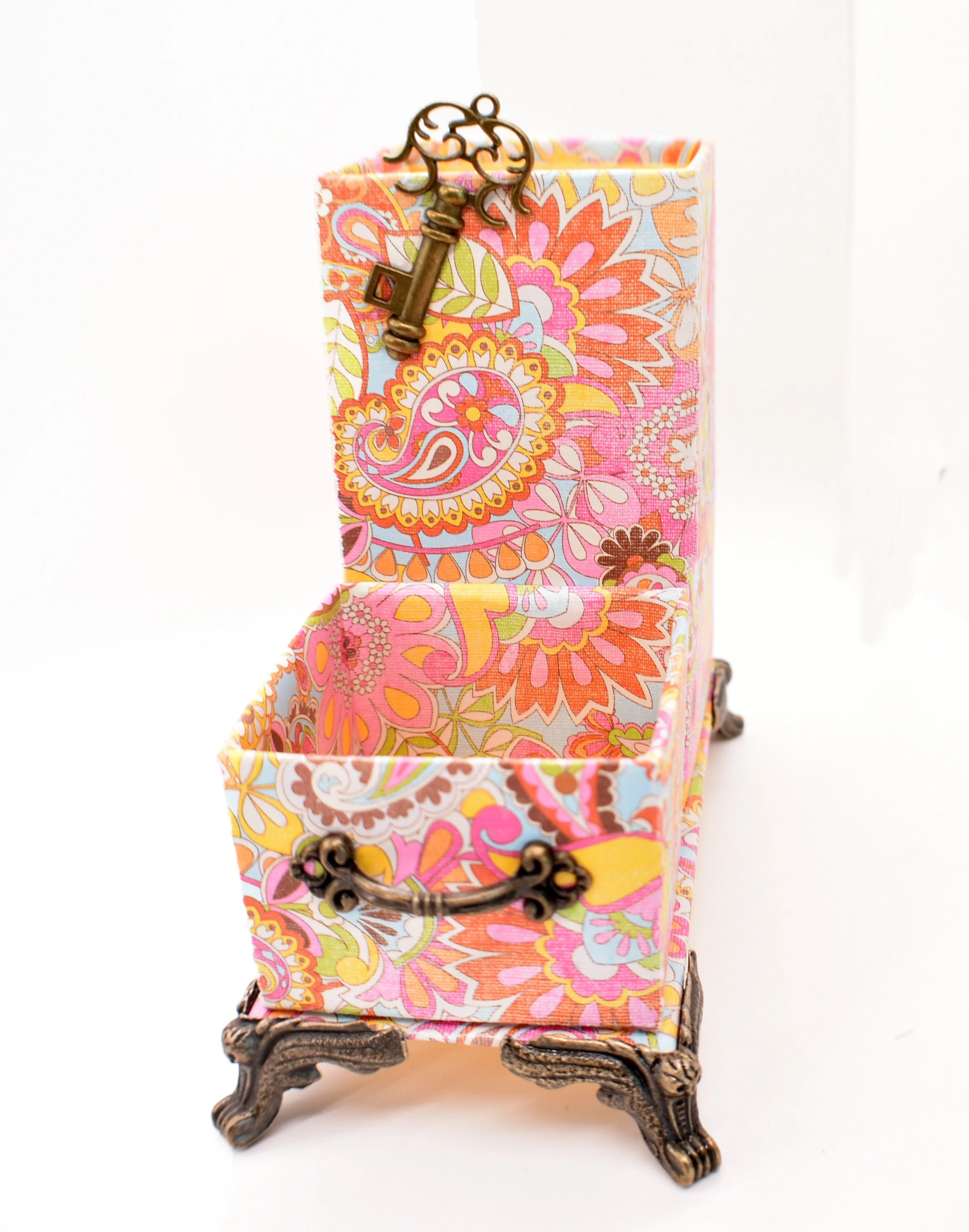 Pink, Orange, Yellow, Blue Paisley Desktop Organizer for Pens and Clips w/Antique Key Accent