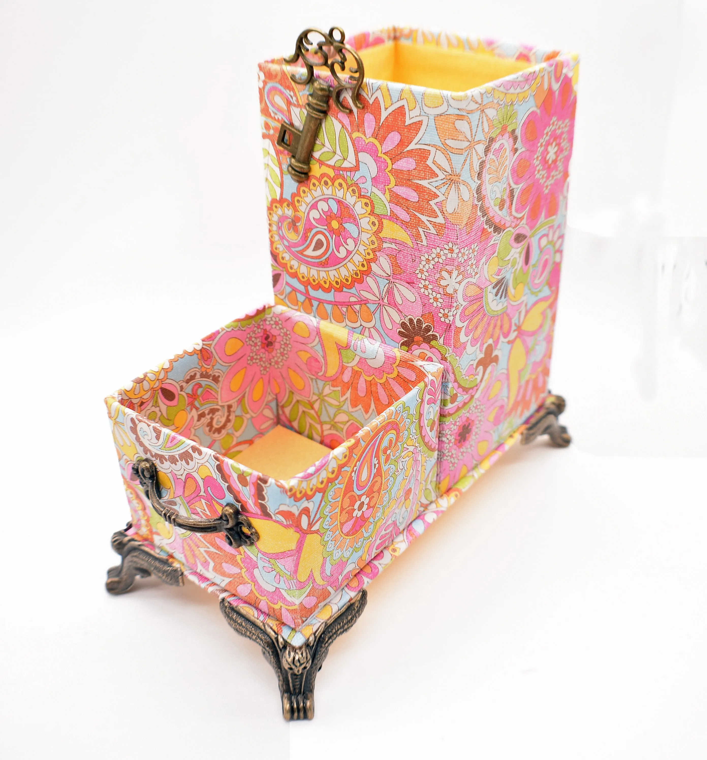 Pink, Orange, Yellow, Blue Paisley Desktop Organizer for Pens and Clips w/Antique Key Accent