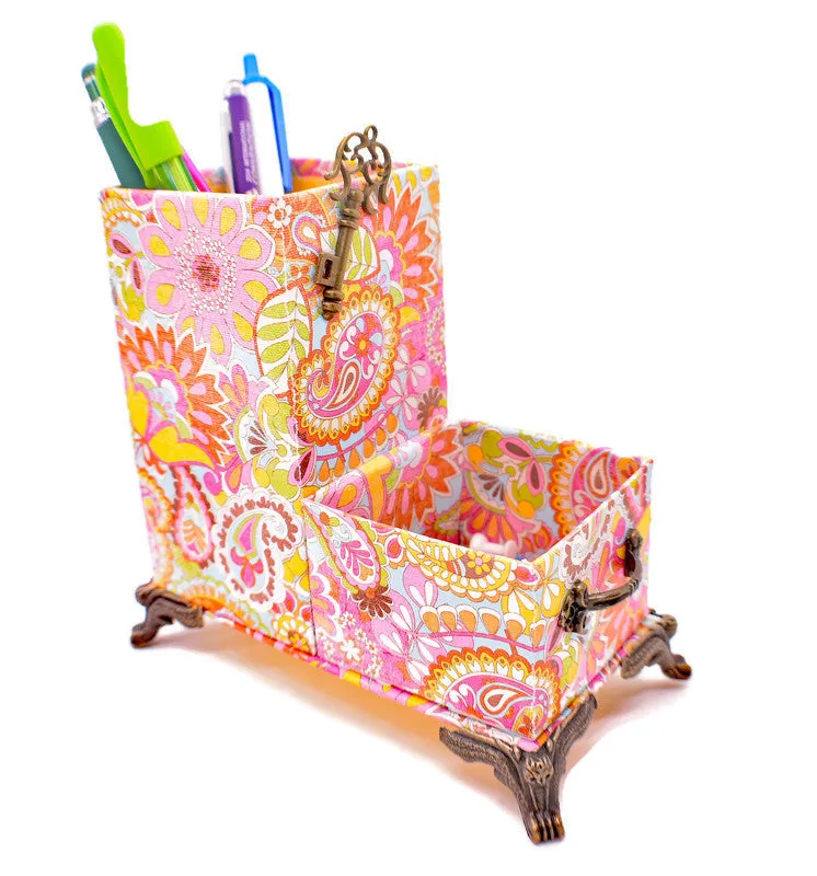 Pink, Orange, Yellow, Blue Paisley Desktop Organizer for Pens and Clips w/Antique Key Accent