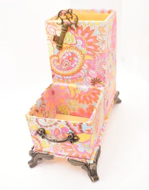 Pink, Orange, Yellow, Blue Paisley Desktop Organizer for Pens and Clips w/Antique Key Accent