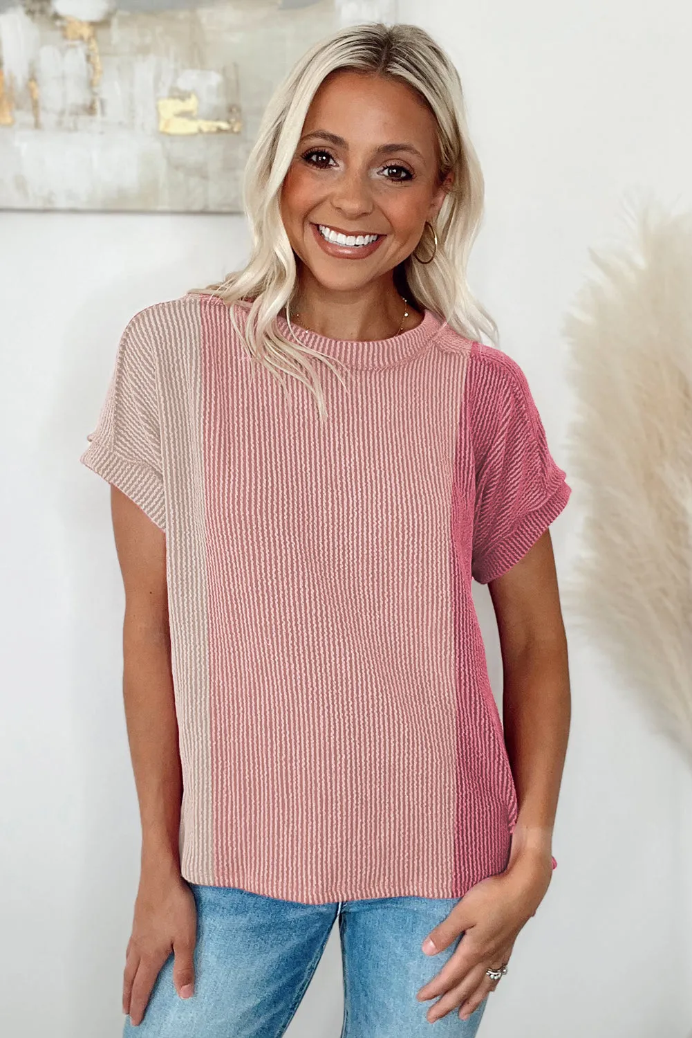 Pink Textured Colorblock Crew Neck T Shirt