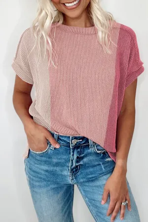 Pink Textured Colorblock Crew Neck T Shirt