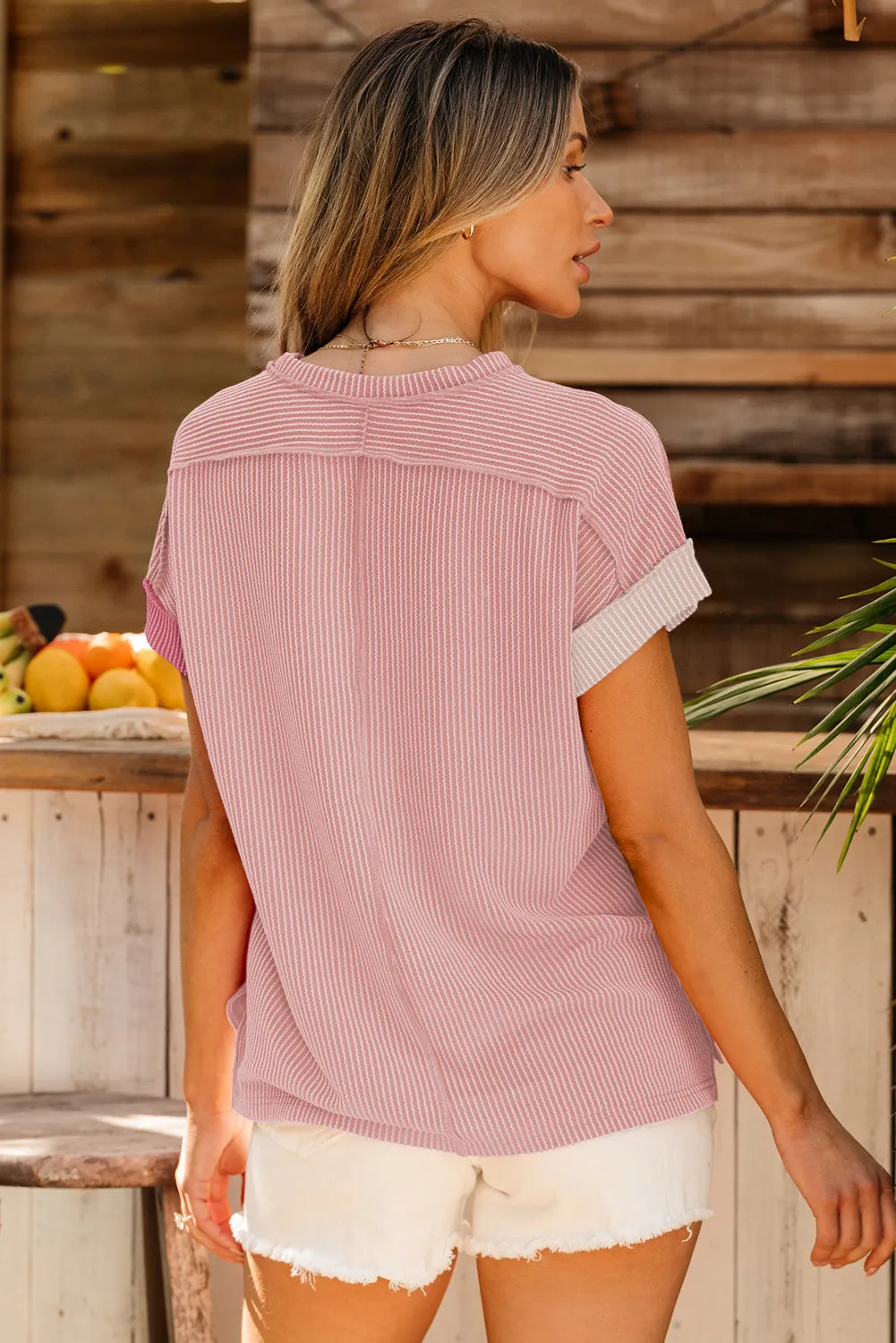 Pink Textured Colorblock Crew Neck T Shirt