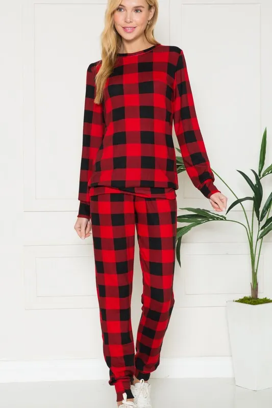 Plus Plaid Long Sleeve Lounge Set