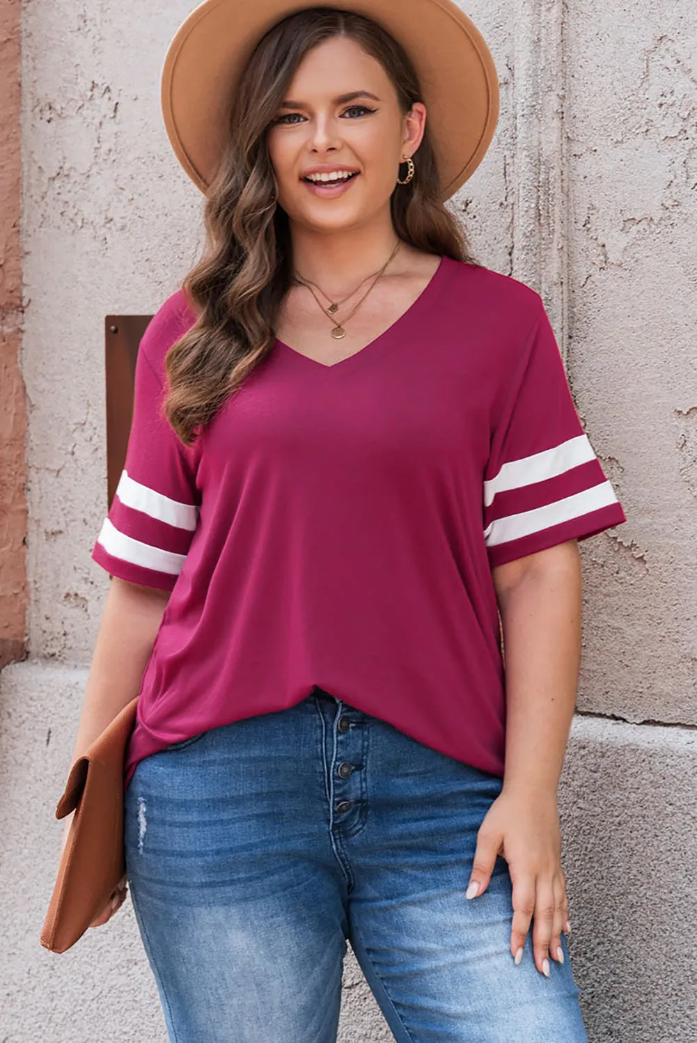 Plus Size Striped V-Neck Tee Shirt (10 Colors)