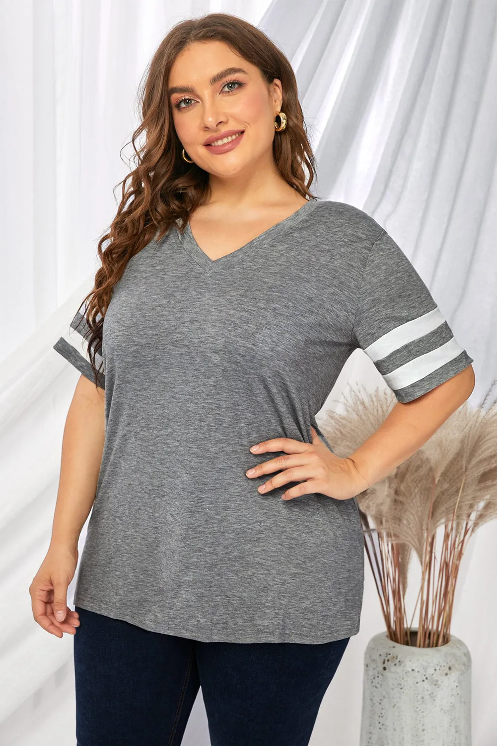 Plus Size Striped V-Neck Tee Shirt (10 Colors)