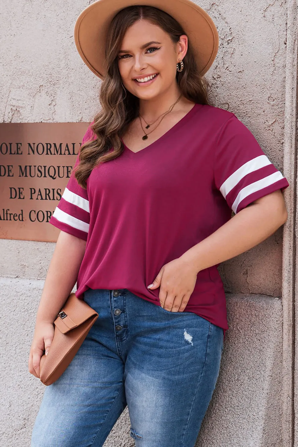 Plus Size Striped V-Neck Tee Shirt (10 Colors)