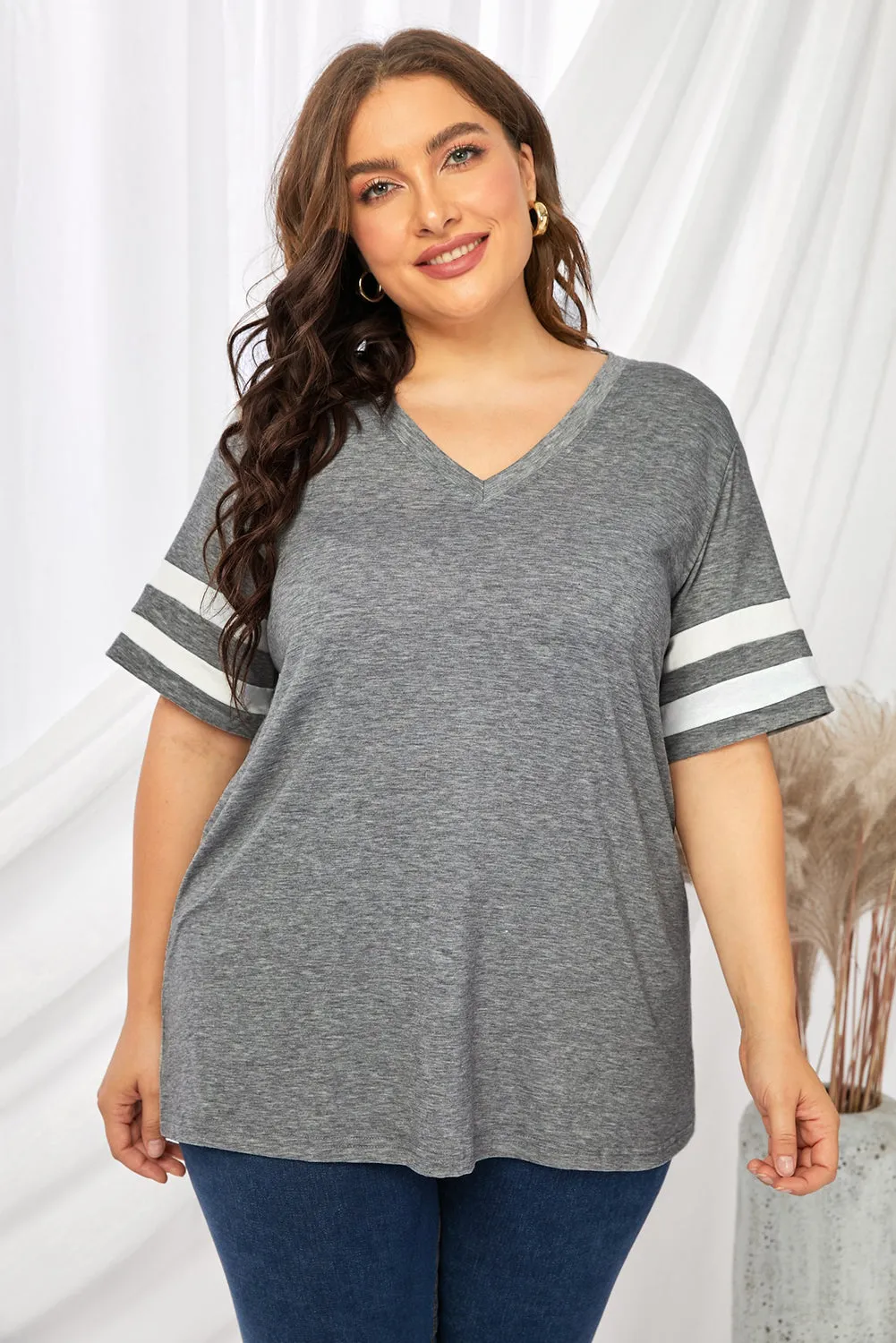 Plus Size Striped V-Neck Tee Shirt (10 Colors)