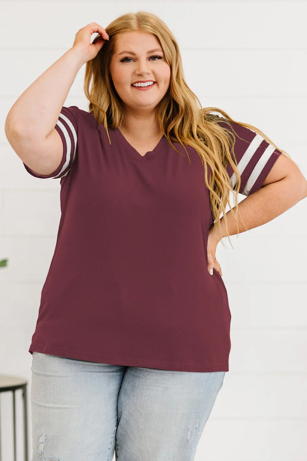 Plus Size Striped V-Neck Tee Shirt (10 Colors)