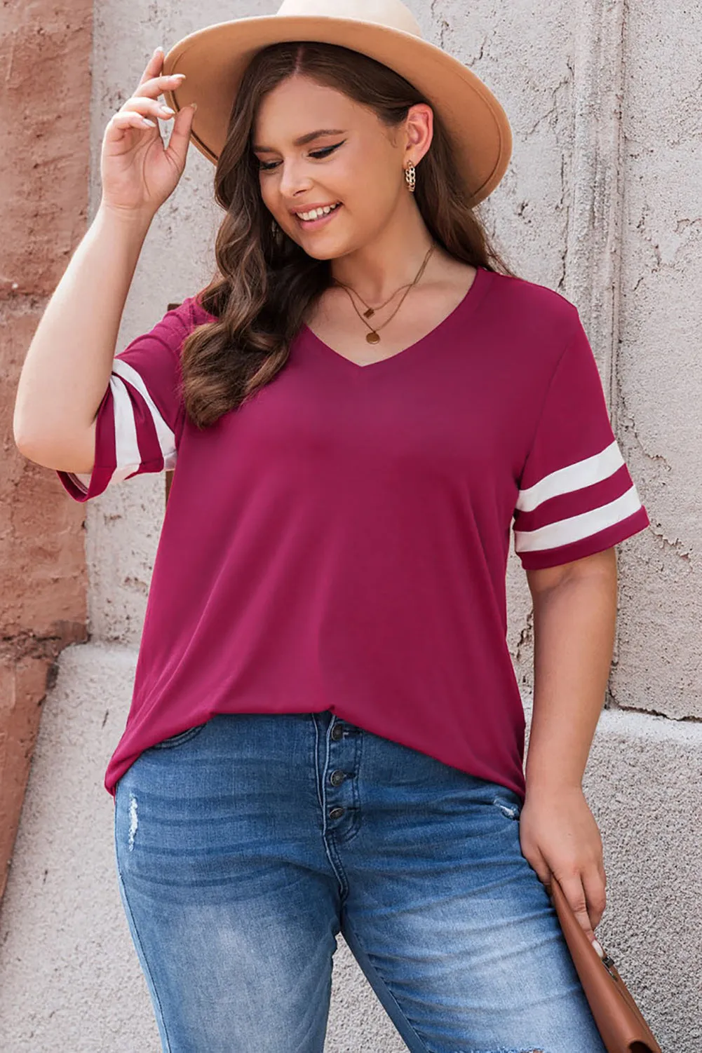 Plus Size Striped V-Neck Tee Shirt (10 Colors)