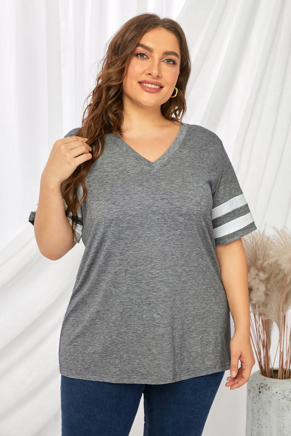 Plus Size Striped V-Neck Tee Shirt (10 Colors)