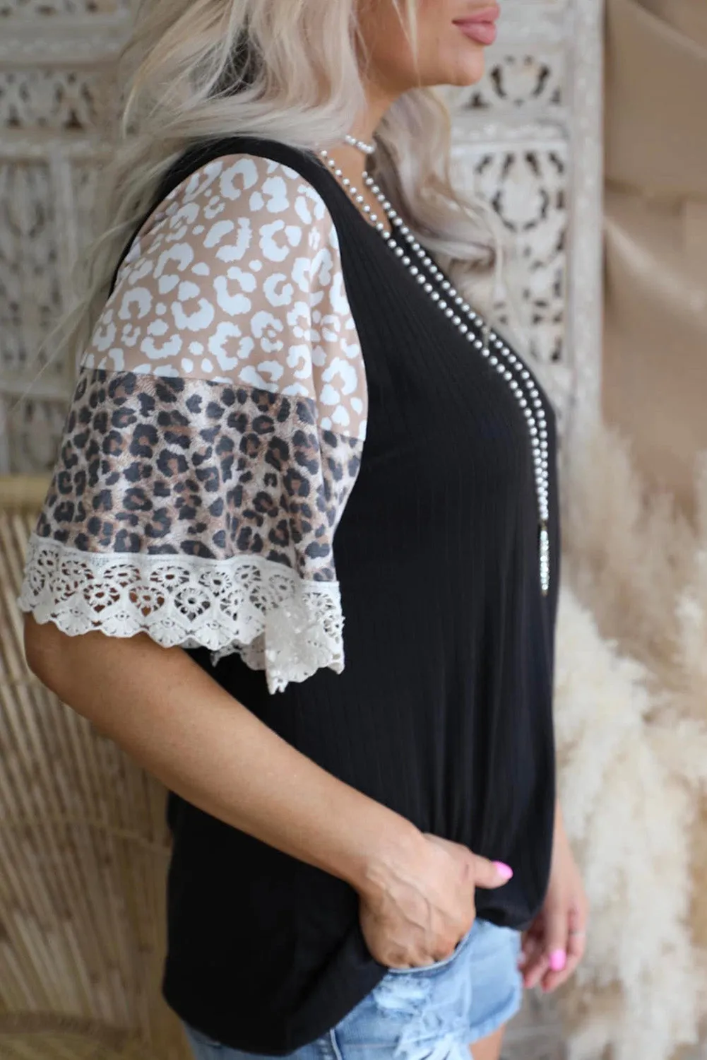 Print Lace Splicing Loose Top
