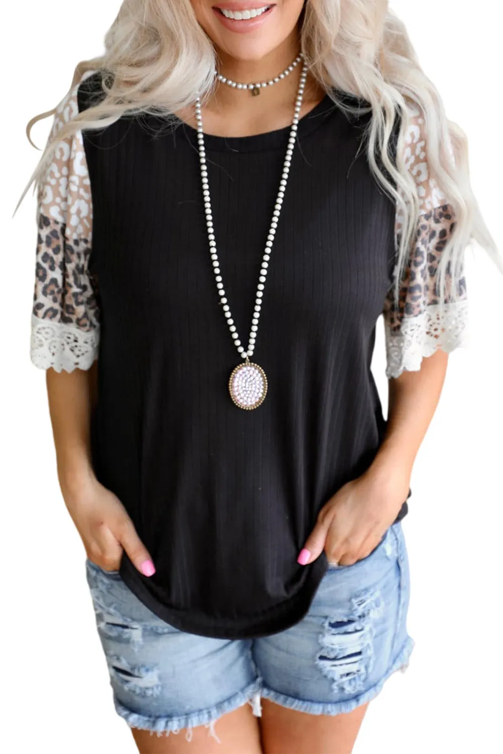 Print Lace Splicing Loose Top