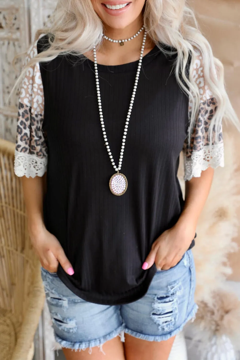 Print Lace Splicing Loose Top