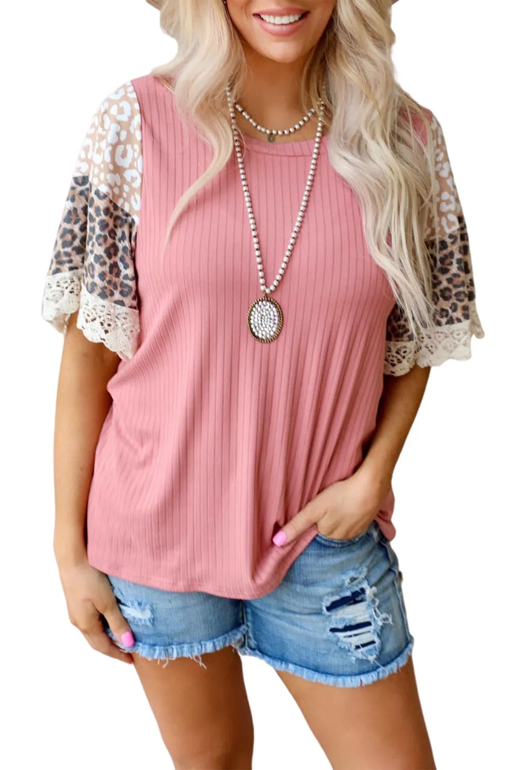 Print Lace Splicing Loose Top