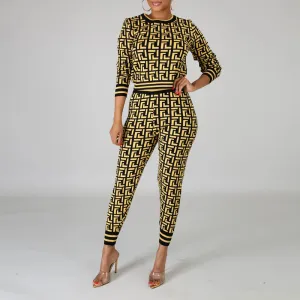 Print Round Neck Long Sleeve Top & Pants Set