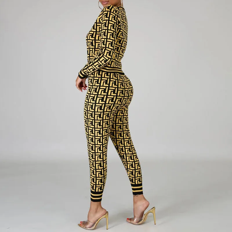 Print Round Neck Long Sleeve Top & Pants Set