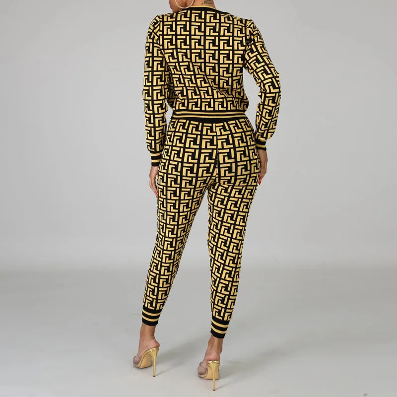 Print Round Neck Long Sleeve Top & Pants Set