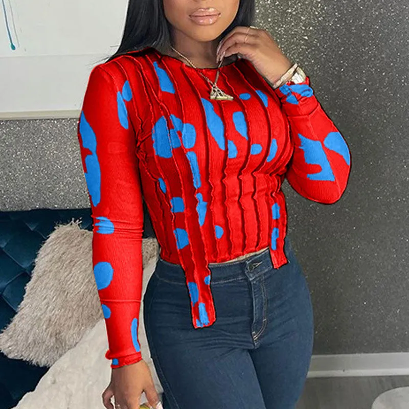 Print Round Neck Long Sleeve Top