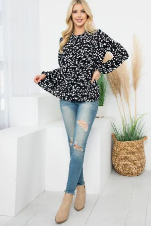 Puff Sleeve Merrow Neckline Animal Print Woven Top