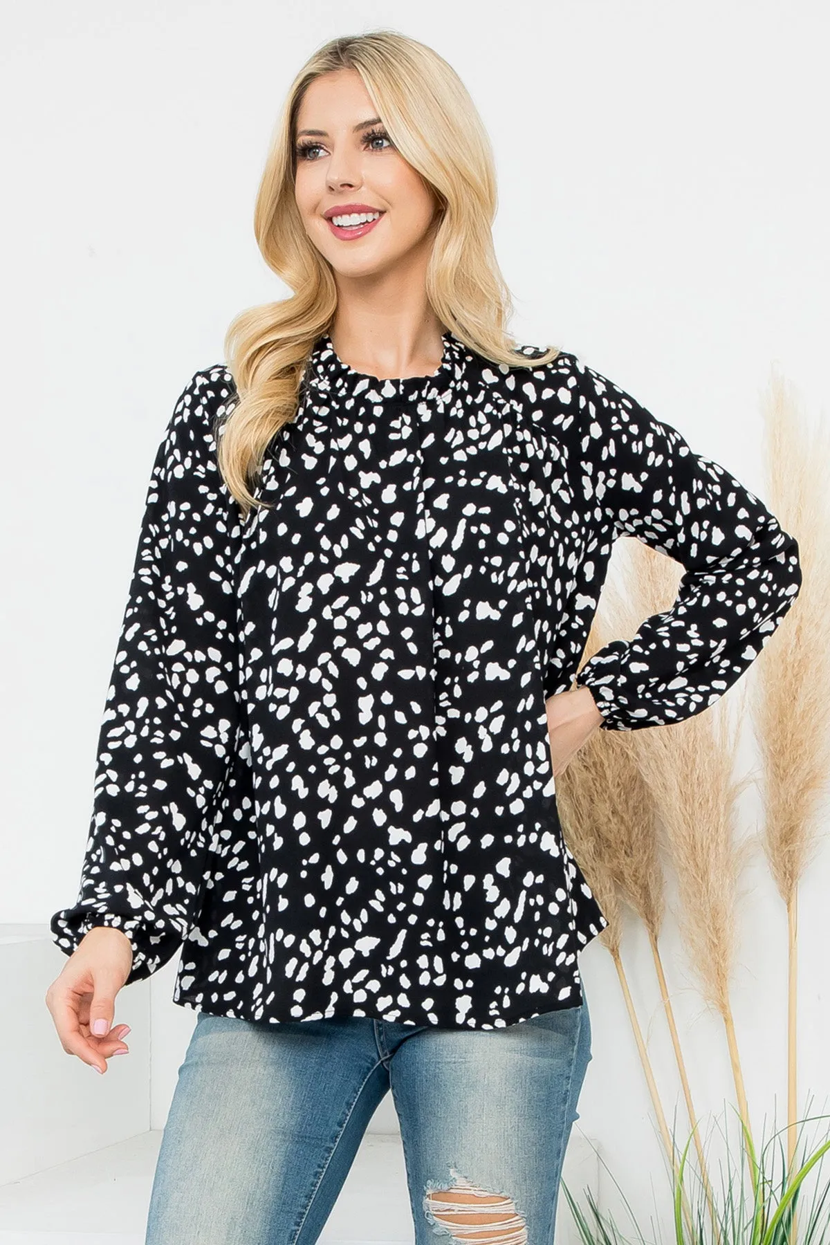 Puff Sleeve Merrow Neckline Animal Print Woven Top