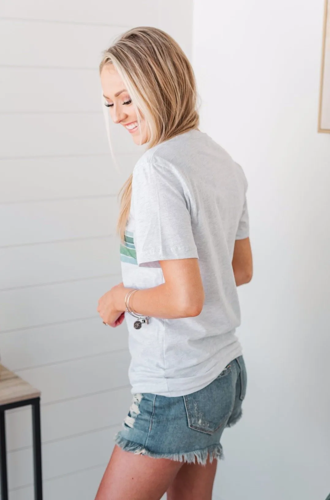"Lucky" Retro Stripe Graphic Tee- Light Heather Grey