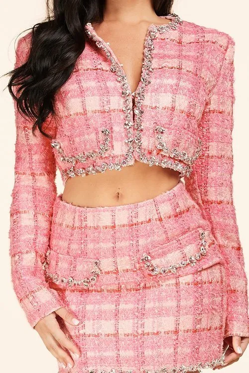 "MADEMOISELLE" PINK TWEED TWO PIECE SET MINI SKIRT & CROPPED JACKET
