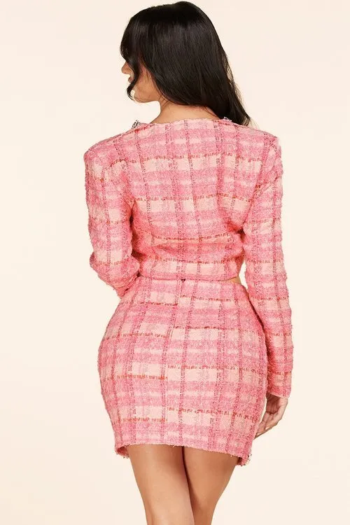 "MADEMOISELLE" PINK TWEED TWO PIECE SET MINI SKIRT & CROPPED JACKET