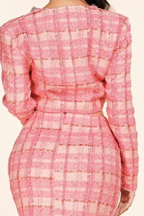 "MADEMOISELLE" PINK TWEED TWO PIECE SET MINI SKIRT & CROPPED JACKET