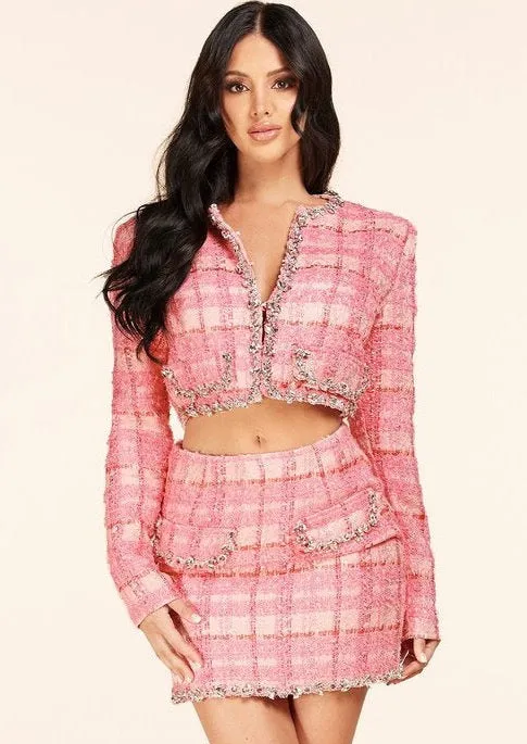 "MADEMOISELLE" PINK TWEED TWO PIECE SET MINI SKIRT & CROPPED JACKET