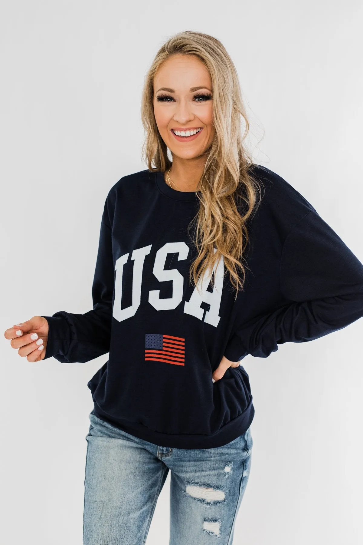 "USA" American Flag Graphic Pullover Top- Navy