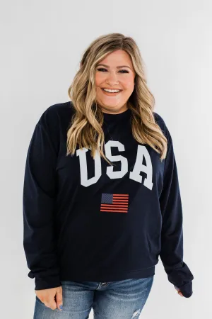 "USA" American Flag Graphic Pullover Top- Navy
