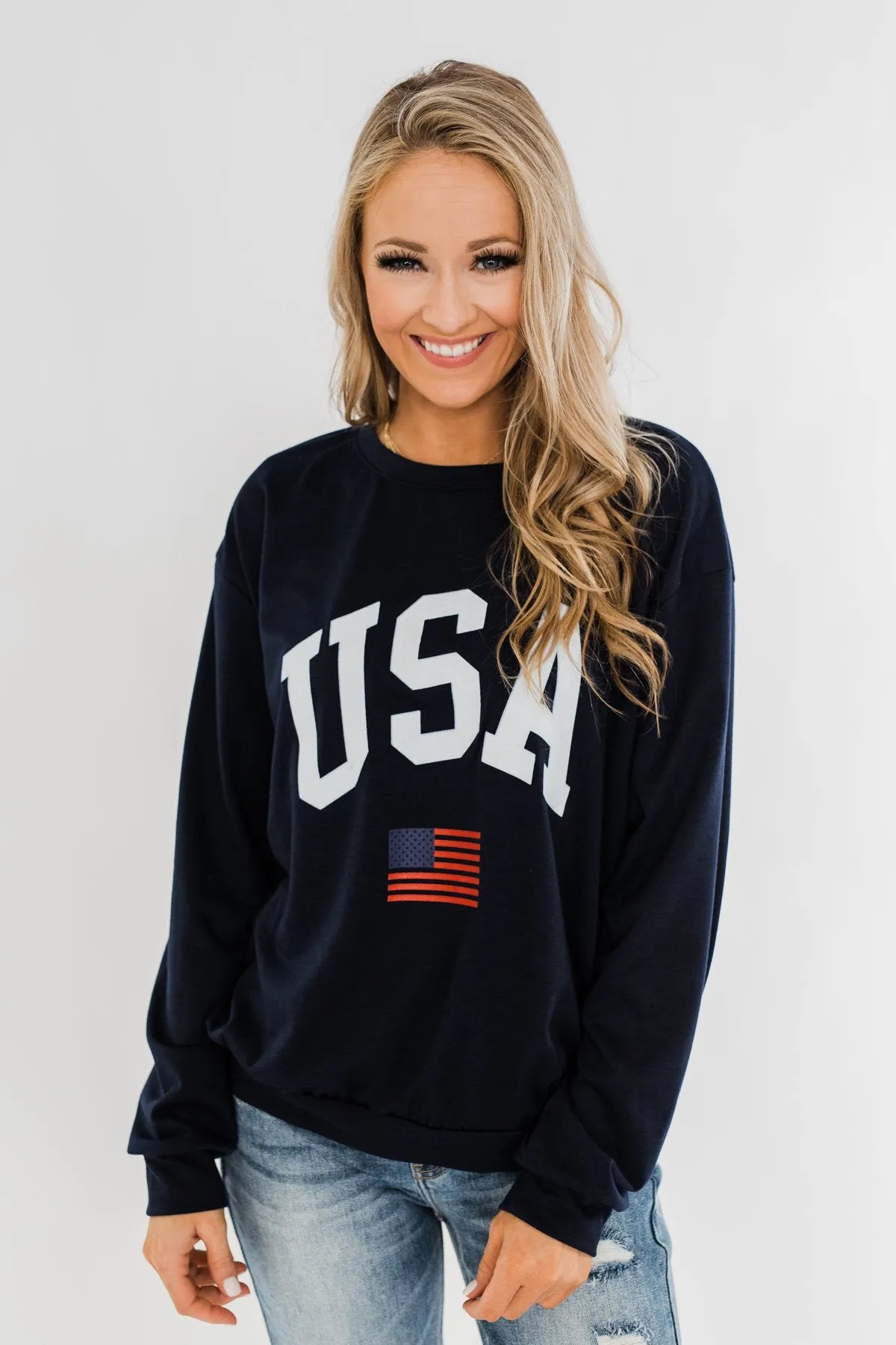 "USA" American Flag Graphic Pullover Top- Navy