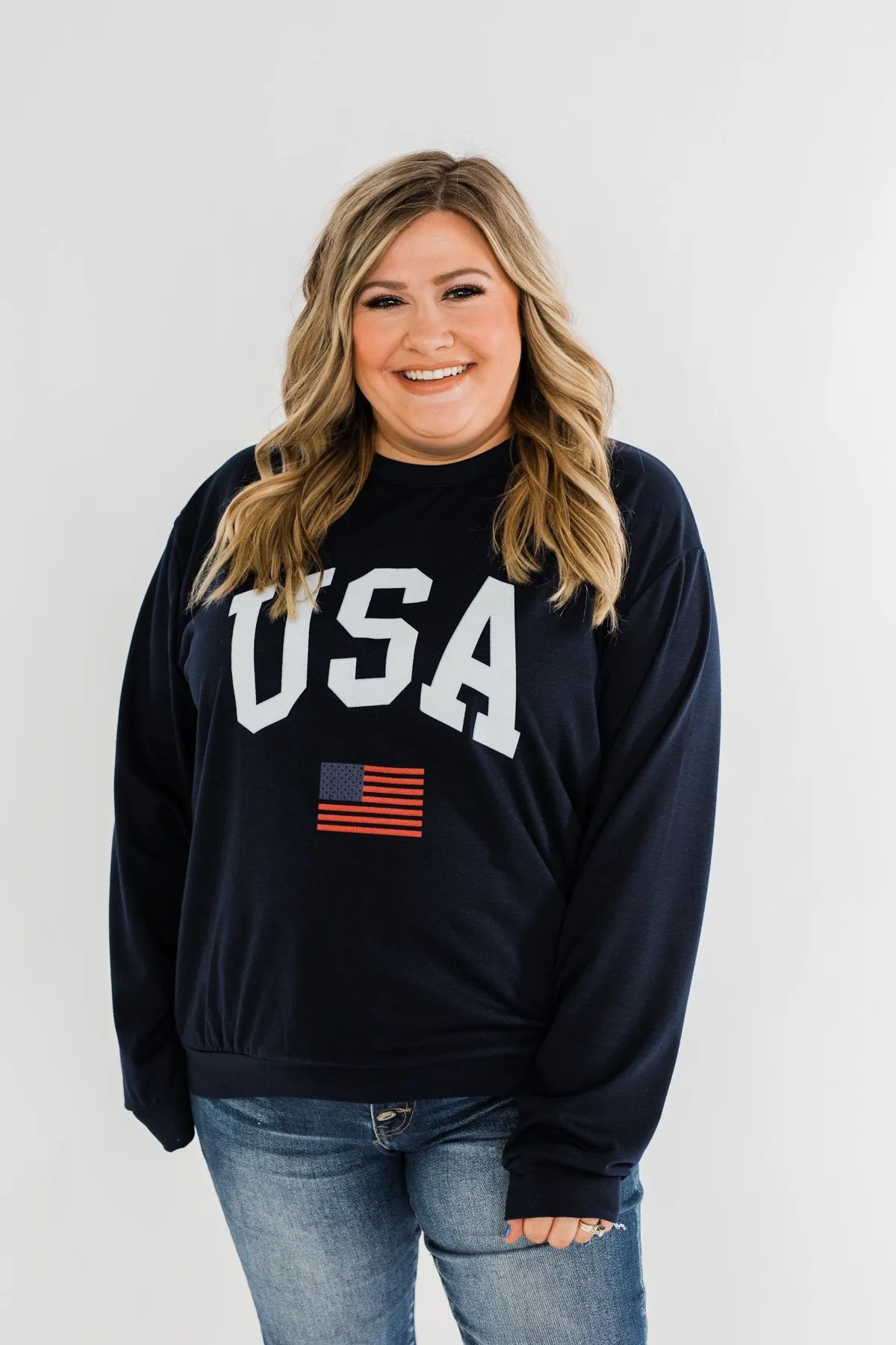 "USA" American Flag Graphic Pullover Top- Navy