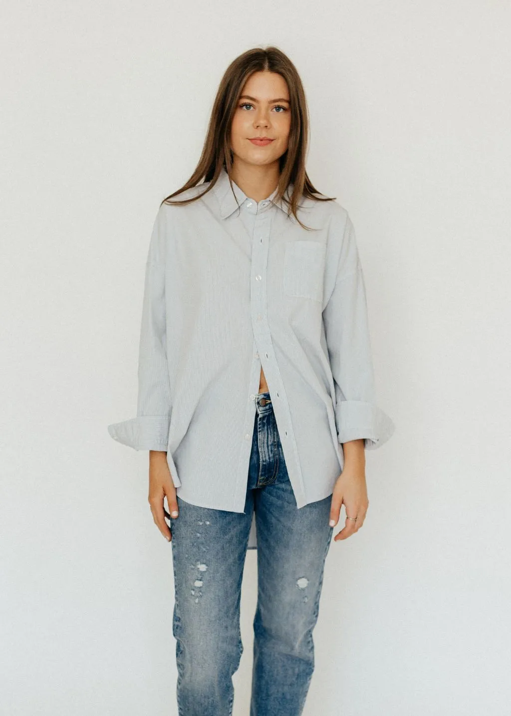 R13 Drop Neck Oxford Shirt in Blue/White Pinstripe