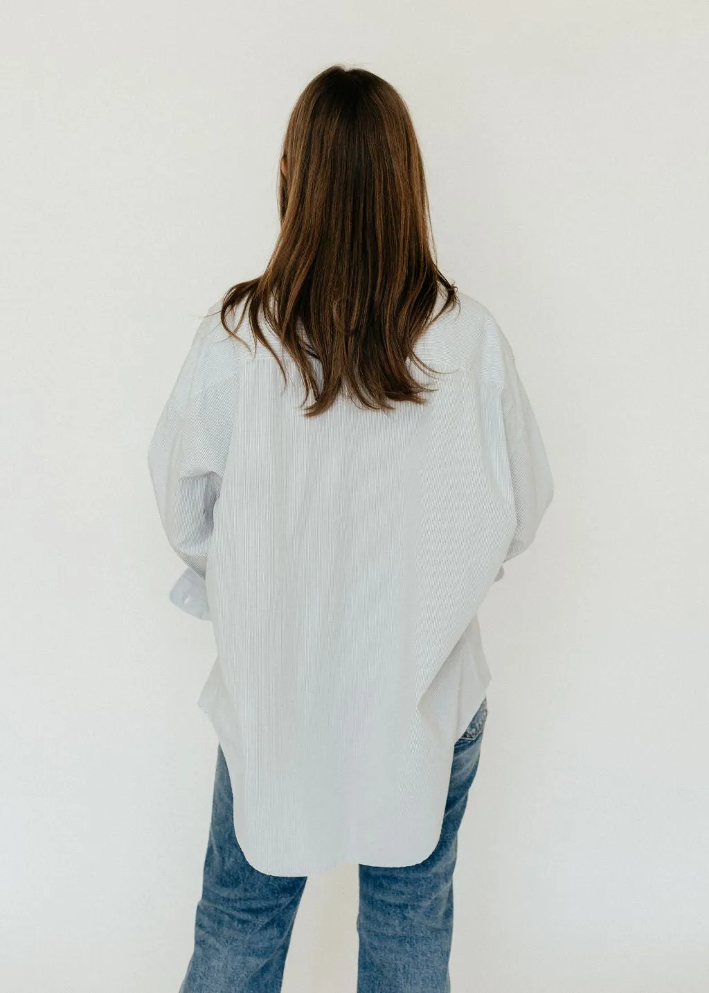 R13 Drop Neck Oxford Shirt in Blue/White Pinstripe