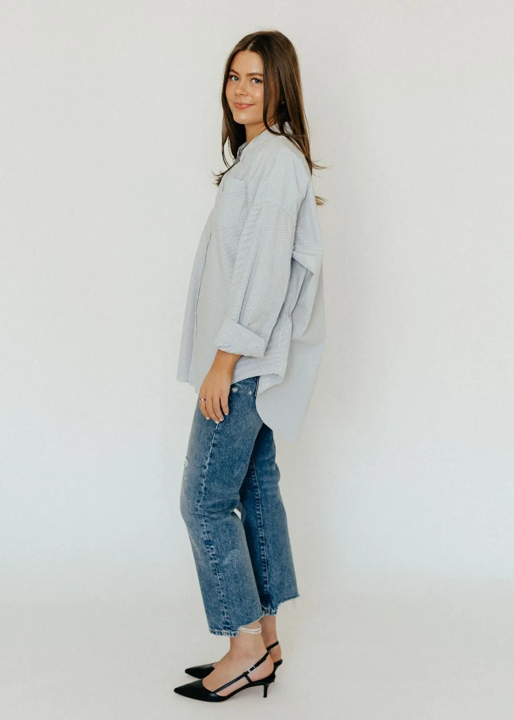 R13 Drop Neck Oxford Shirt in Blue/White Pinstripe