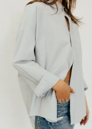 R13 Drop Neck Oxford Shirt in Blue/White Pinstripe