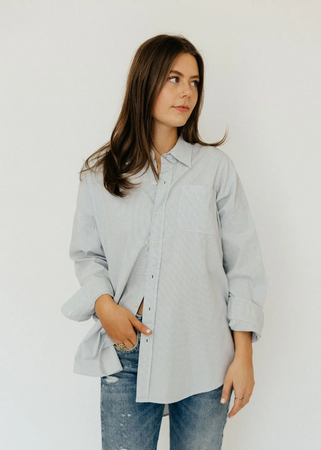 R13 Drop Neck Oxford Shirt in Blue/White Pinstripe