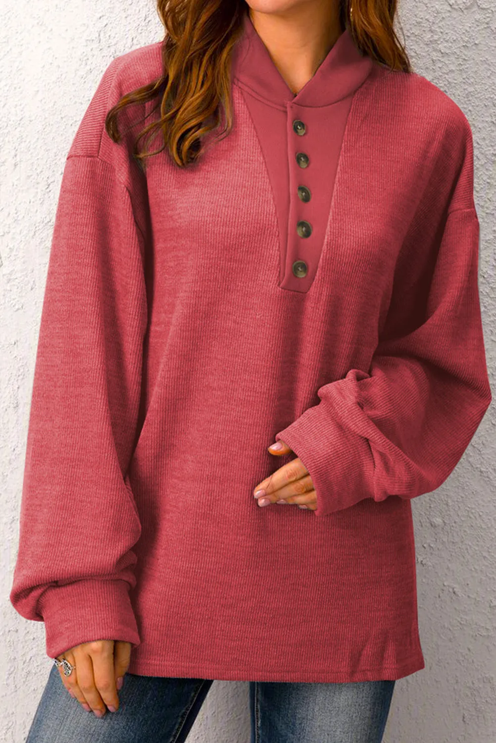 Red Plain Buttoned Long Sleeve Casual Top