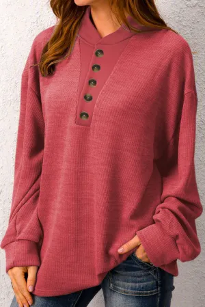Red Plain Buttoned Long Sleeve Casual Top
