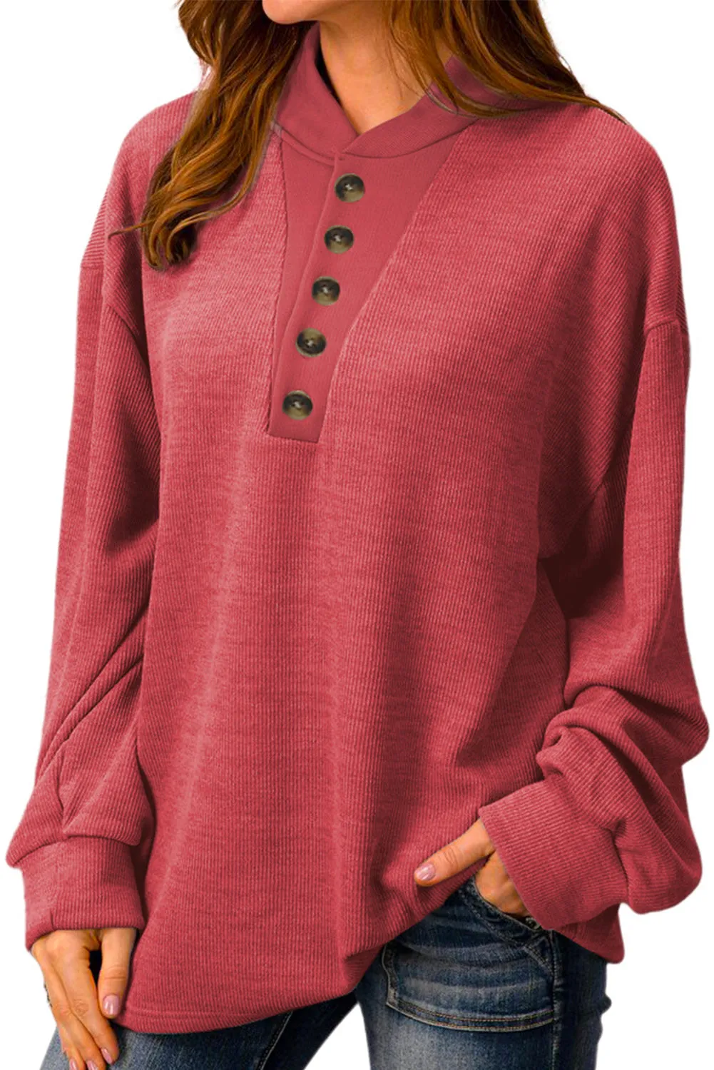 Red Plain Buttoned Long Sleeve Casual Top