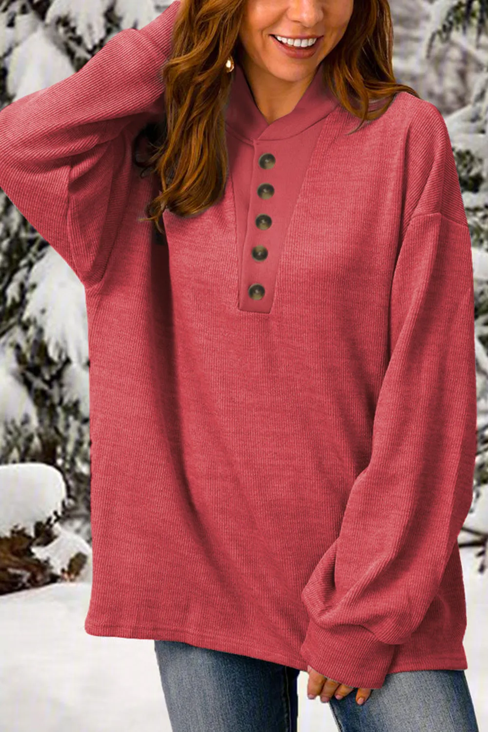 Red Plain Buttoned Long Sleeve Casual Top