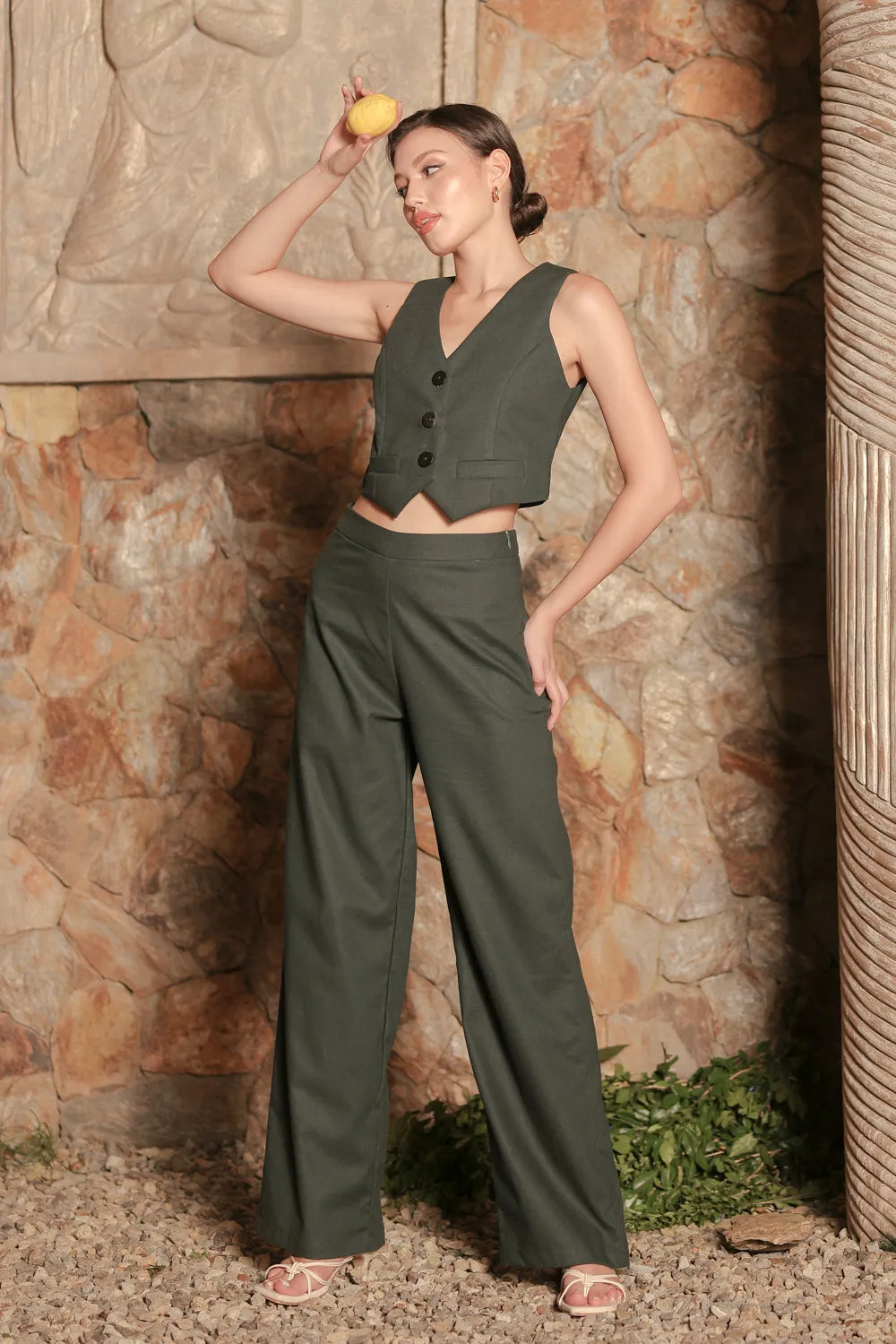 ROCIO PANT SET Vest and Trouser Pant Set (Moss Green Linen)