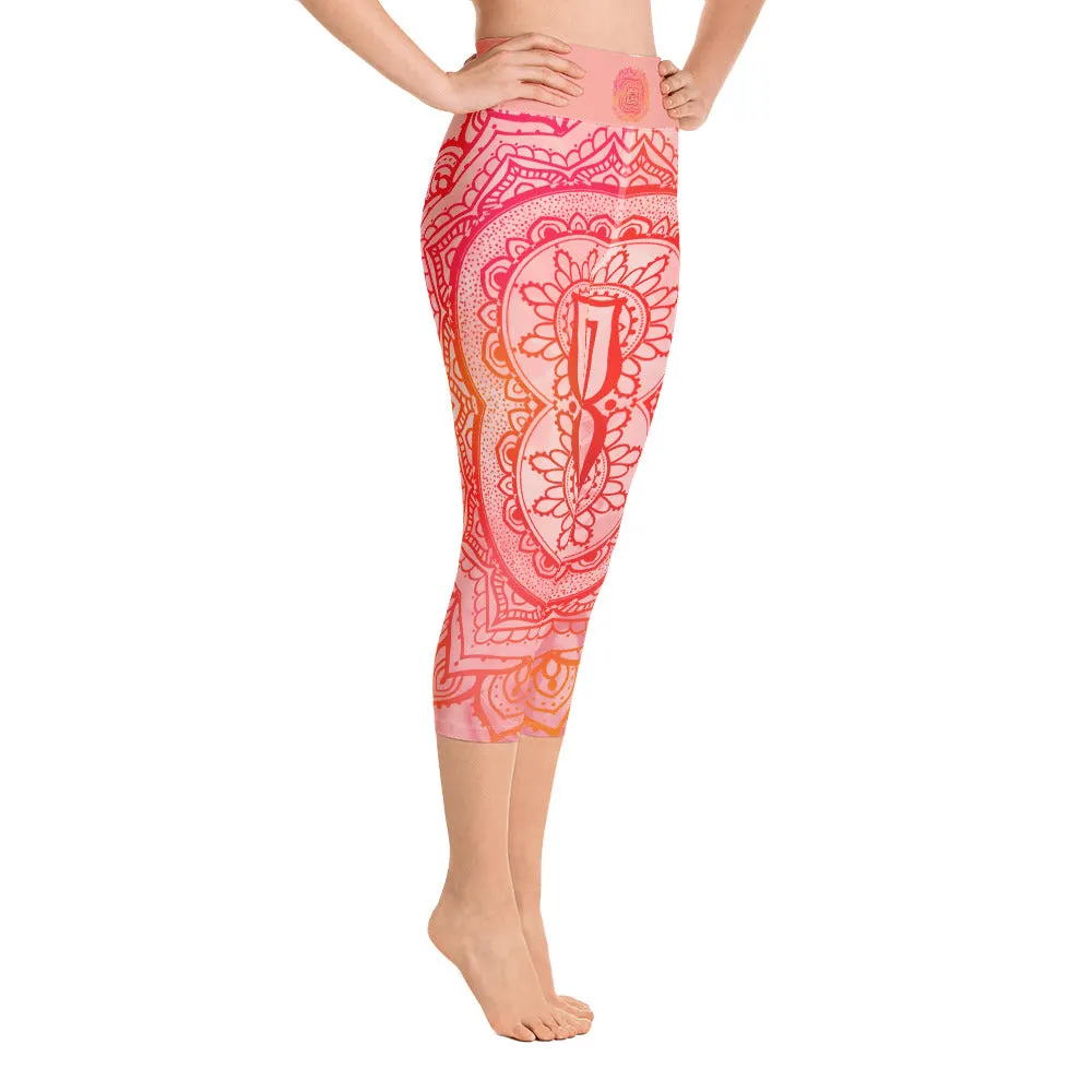 Root Chakra Mandala Capri Leggings by Goddess Swag