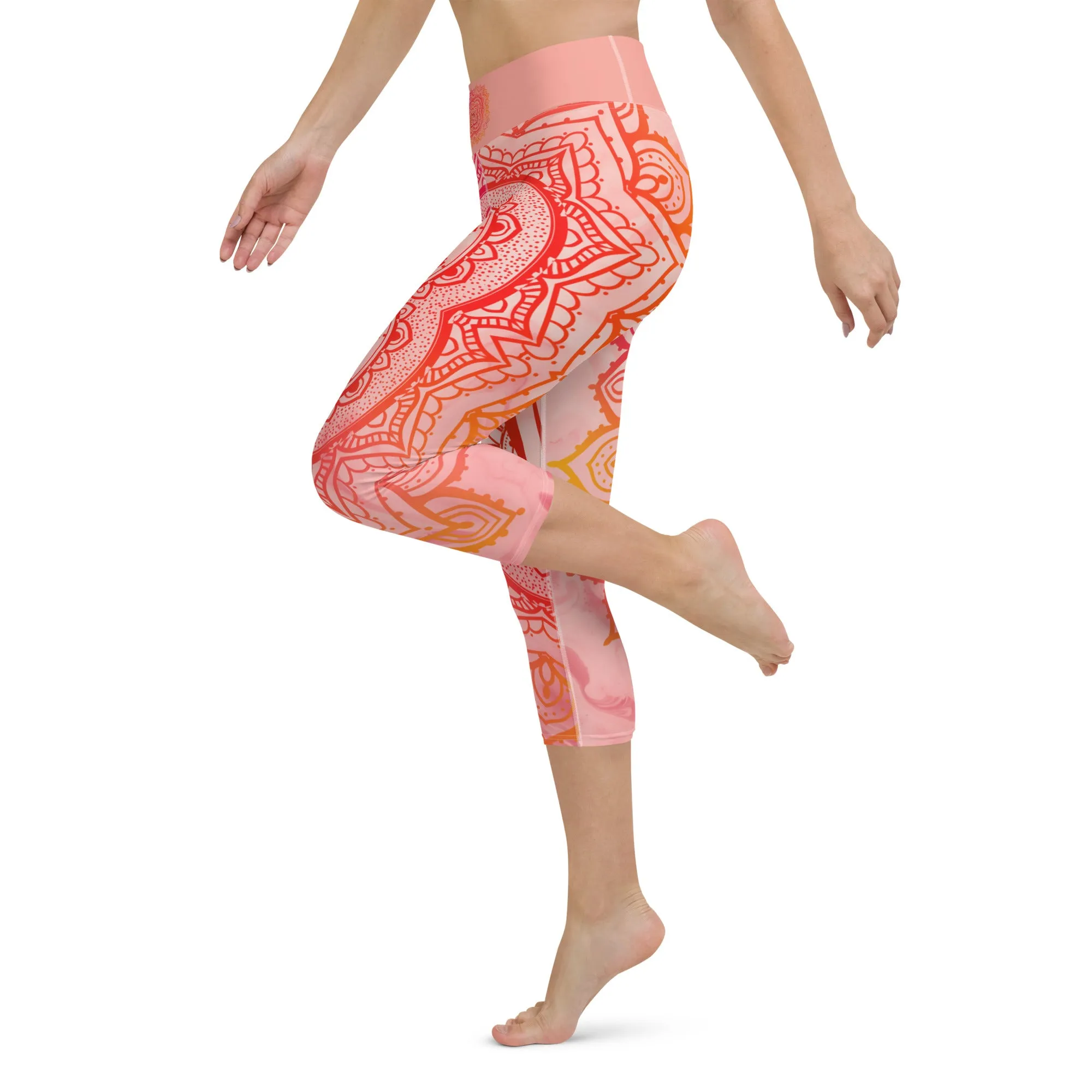 Root Chakra Mandala Capri Leggings by Goddess Swag