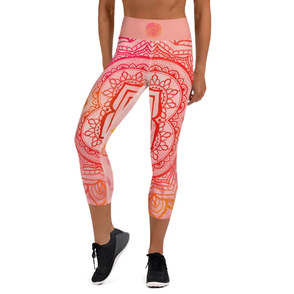 Root Chakra Mandala Capri Leggings by Goddess Swag