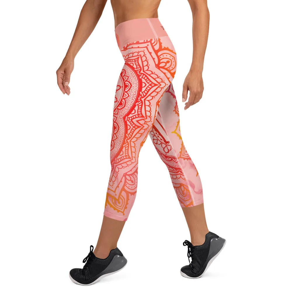 Root Chakra Mandala Capri Leggings by Goddess Swag